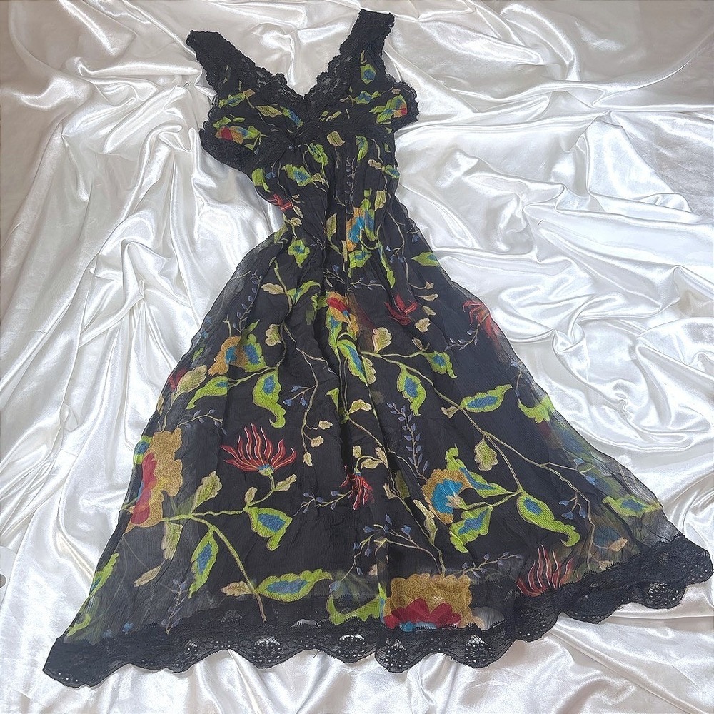 y2k silk Midi Dress Black Excellent Floral Lace Trim Sleeveless Crinkle Chiffon - Picture 2 of 5